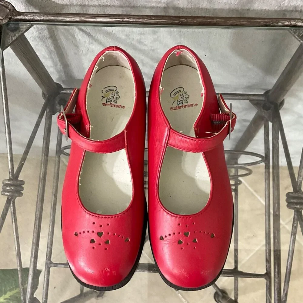 Buster Brown leather classic Mary Jane Shoes Little Girls Size 11.5 Red Hearts